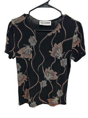 Western Connection Womens Black Butterfly Floral Short Sleeve Top Boho Romantic